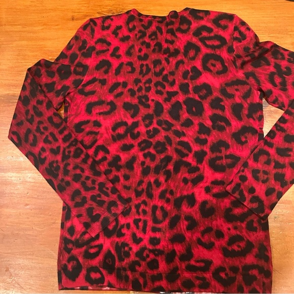 Talbots 100% Merino Wool Sweater Cardigan Cheetah Print Red Button Front Crew XS - Picture 2 of 8